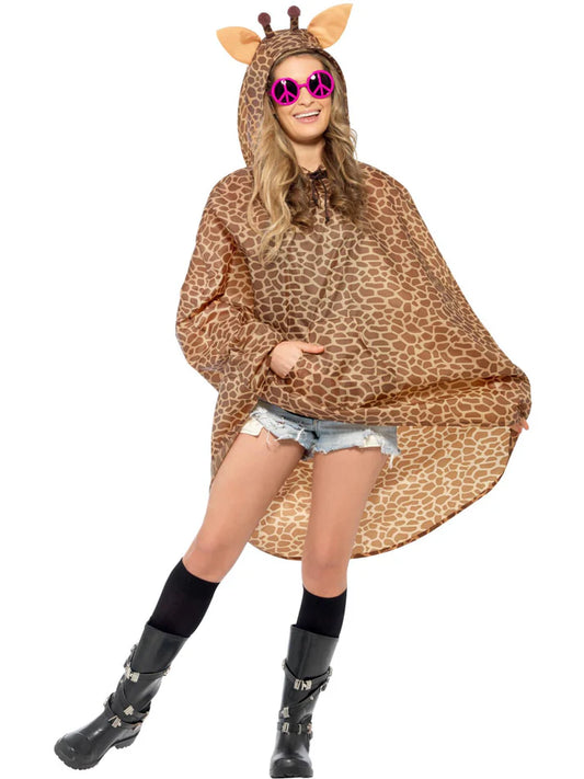 Ladies Mens Unisex Animal Ponchos Showerproof Festival Adult Fancy Dress Giraffe