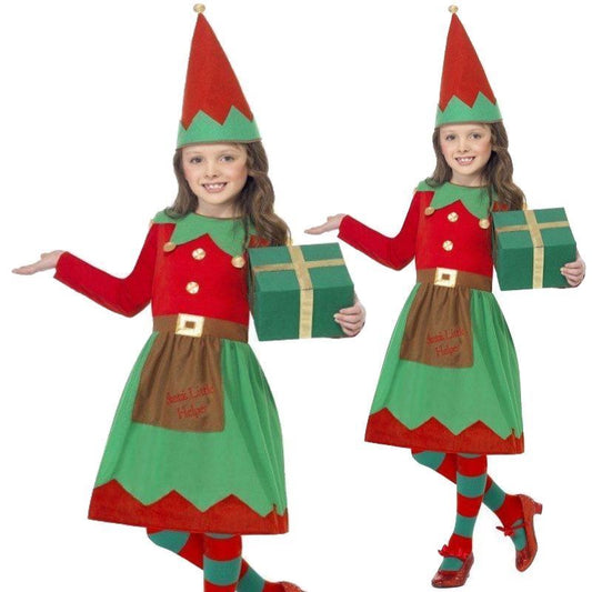 Girls Elf Costume Child Christmas Santas Little Helper Fancy Dress Kids Age 4-12
