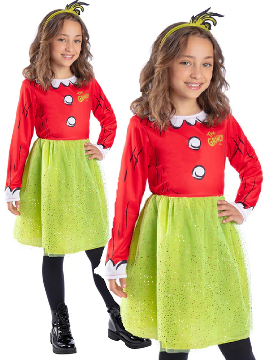 Dr Seuss The Grinch Santa Girls Costume Christmas Fancy Dress Outfit Age 4-12