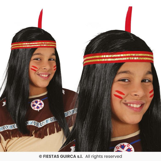 Kids Indigenous Long Black Wig + Headband Girls Native Indian Fancy Dress Accessory