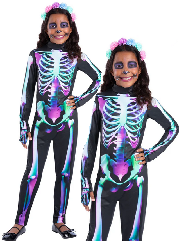 Girls Neon Skeleton Jumpsuit Halloween Kids Fancy Dress Costume Age 4-12