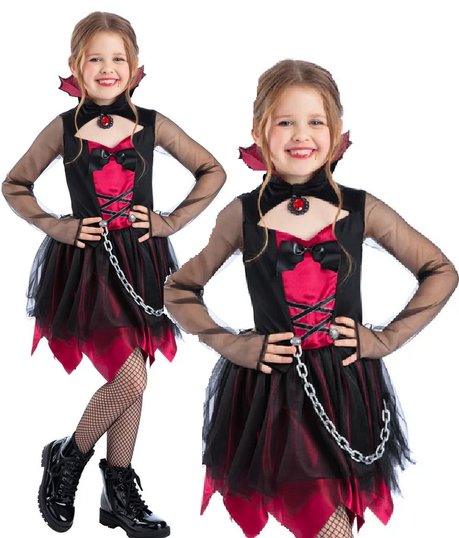 Grunge Vampire Costume Girls Vampiress Hallwoween Fancy Dress Outfit Age 4-12