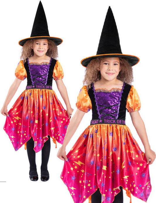 Moon & Stars Witch Costume Girls Colourful Witches Halloween Fancy Dress Outfit