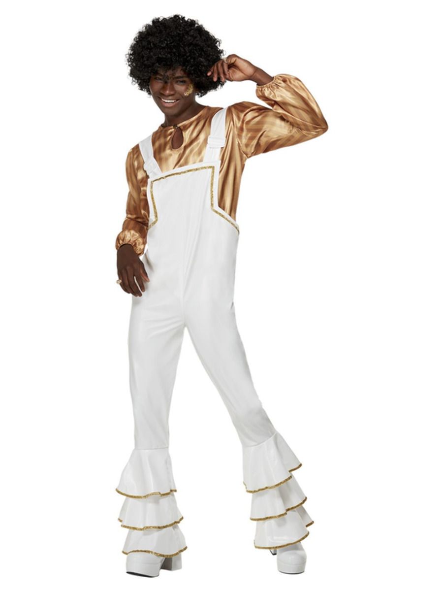 70s White Disco Suit Saturday Night Fever Mens Fancy Dress Costume Dungarees