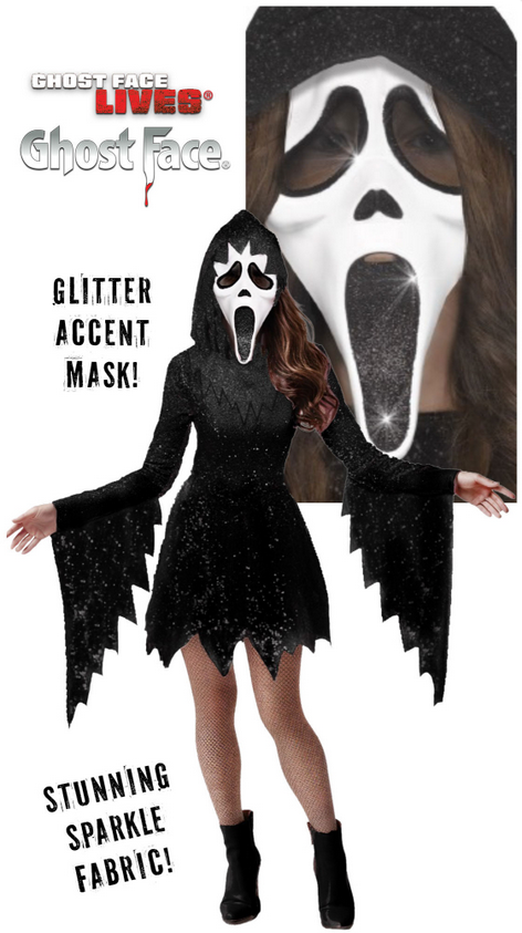 Ladies Ghost Face® Black Glitter Scream Halloween Fancy Dress Costume Fun World