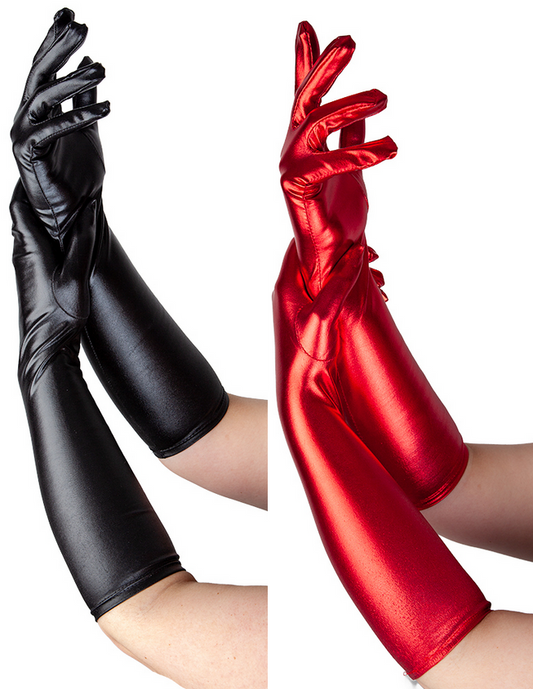 Metallic Gloves Black Or Red Adults Flapper Circus Halloween Fancy Dress Long Gloves