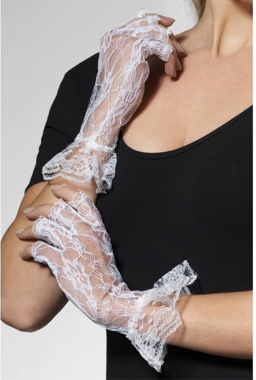 White Fingerless Lace Gloves Ladies 80s Fancy Dress Accessory