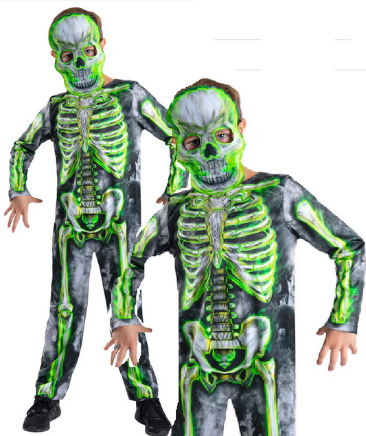 Glow Skeleton Costume Green Glow In The Dark Kids Fancy Dress Outfit Age 4-12