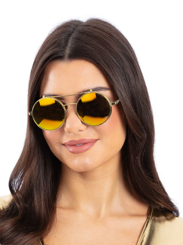 Metallic Flip Up Mirrored Round Specs Ladies Disco Festival Fancy Dress Sun Glasses