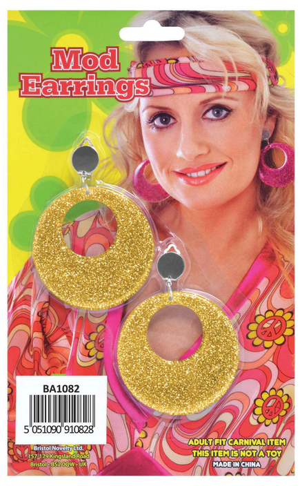 Mod Earrings 60s 70s Retro Disco Clip On Earrings Gold Glitter Fancy Dress
