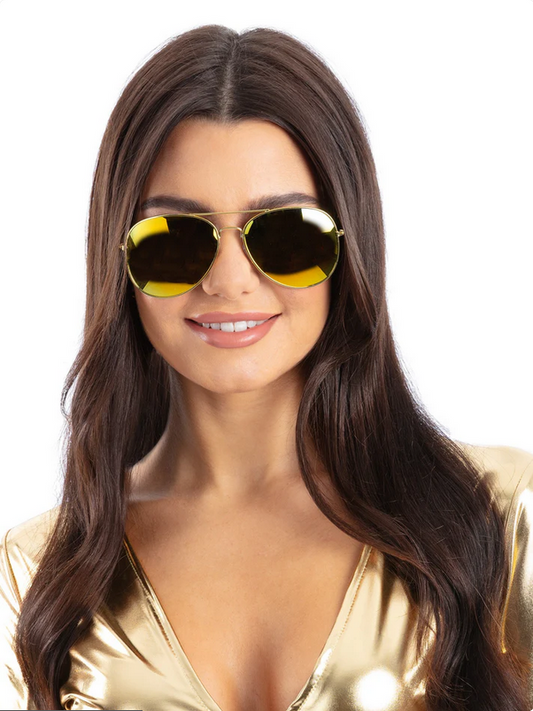 Metallic Gold Mirrored Aviator Specs Ladies Fancy Dress Accessory Adults Glasses