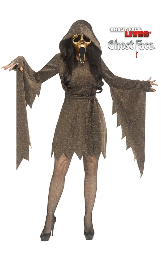 Shimmer Gold Ghost Face Ladies Scream Fancy Dress Costume + Mask Fun World