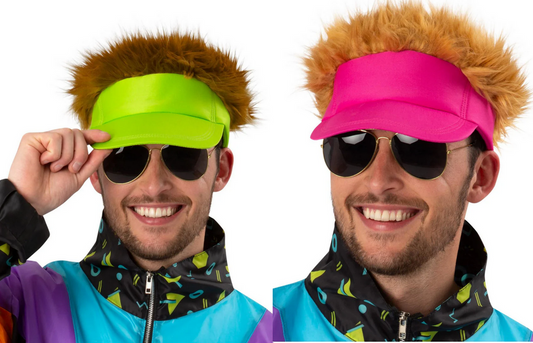 80s Visor Pub Golf Golfing Neon Visor With Hair Adults 1980s Fancy Dress Mens Ladies