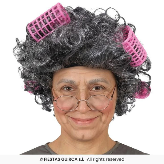 Granny Roller Wig Grey Curly Permed Old Lady Wig Ladies Fancy Dress Accessory