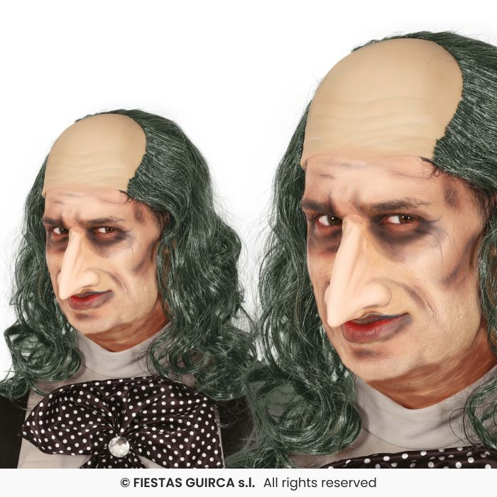 Grey & Green Hair With Bald Cap Mens Joke Fancy Dress Halloween Wig