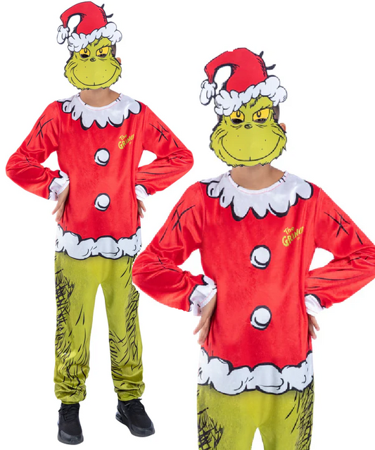 Dr Seuss The Grinch Santa Costume Official Kids Christmas Fancy Dress Outfit Aged 4-12
