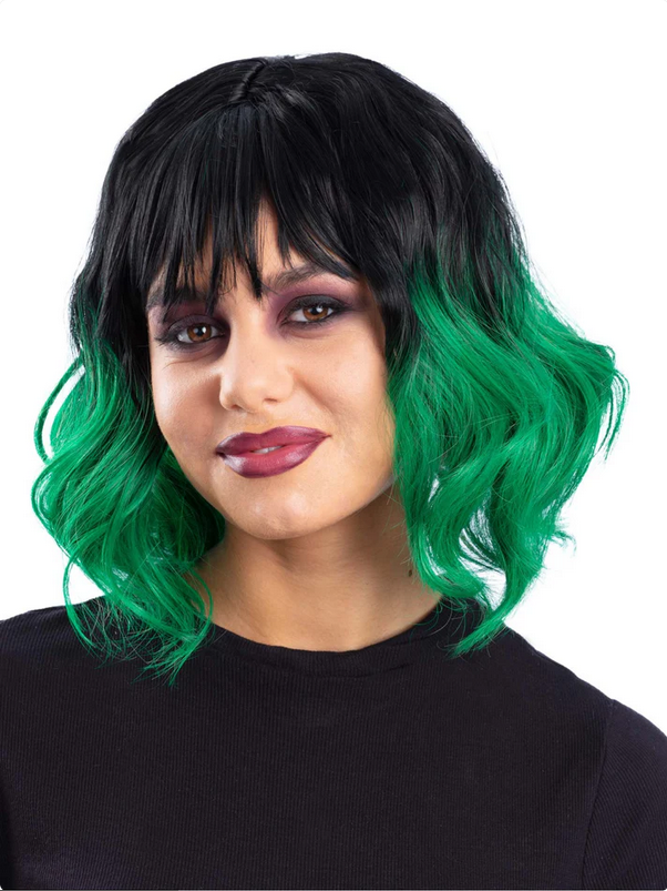 Grunge Glam Ghost Wig Ladies Black & Green Witches Wig Fancy Dress Adults