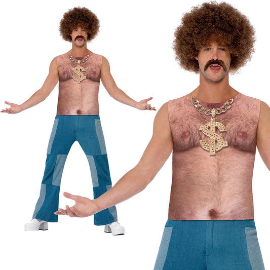 Mens Realistic Hairy Chest Vest T-shirt for 70s Pimp Fancy Dress Costume