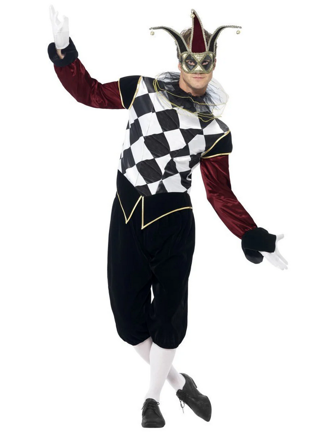 Gothic Venetian Harlequin Costume Halloween Jester Mens Fancy Dress Outfit