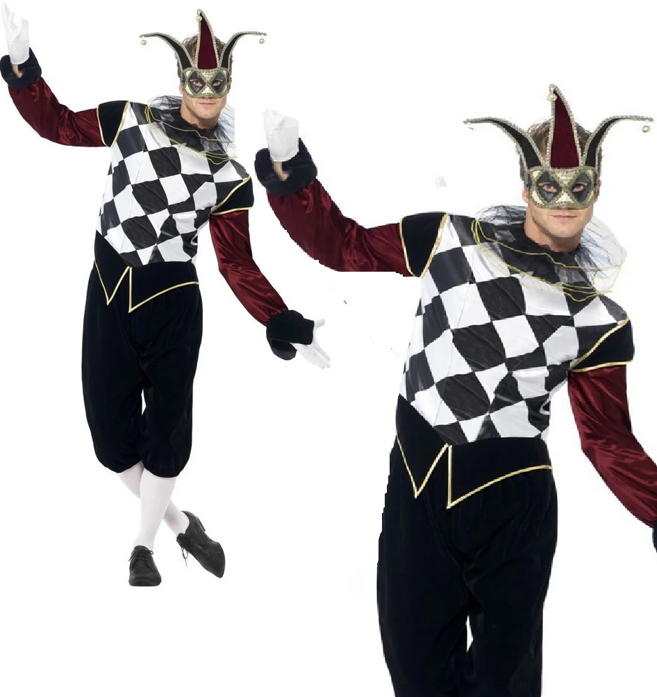 Gothic Venetian Harlequin Costume Halloween Jester Mens Fancy Dress Outfit