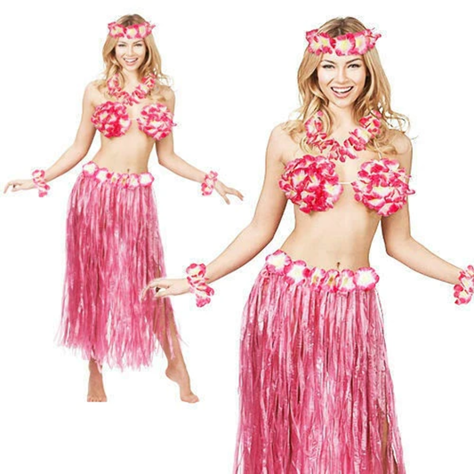 Hawaii Honey 5pc Set Hot Pink Ladies Hawaiian Hula Skirt Fancy Dress Kit