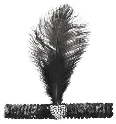 Black Flapper Headband Crystal Heart 1920s Black Feather Headband