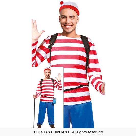 Hiker Sailor Costume Adults Red & White Striped Man Fancy Dress Outfit M-XL