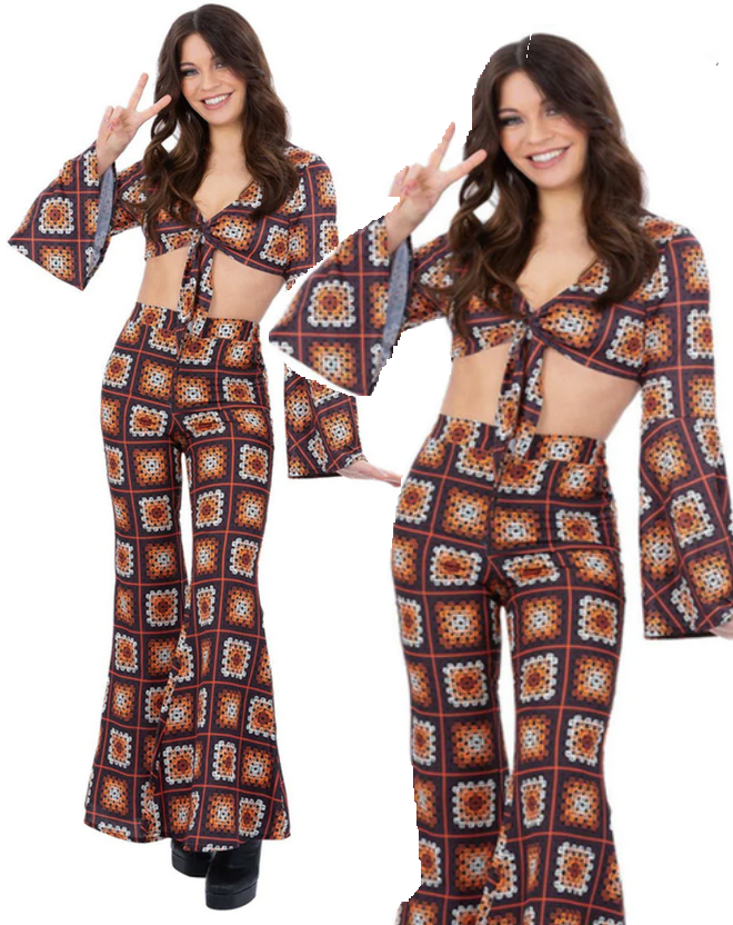 Ladies 60s Hippie Costume Adults Vintage Crochet Hippy Fancy Dress Outfit