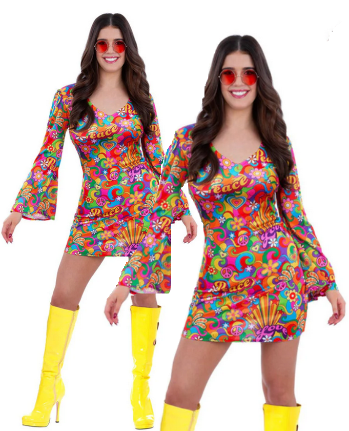 60s Rainbow Peace Hippie Costume Shift Dress Hippy Fancy Dress Outfit