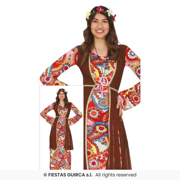 Short Flower Hippie Dress 70s Flower Power Hippy Retro Ladies Fancy Dress Costume UK 12-16