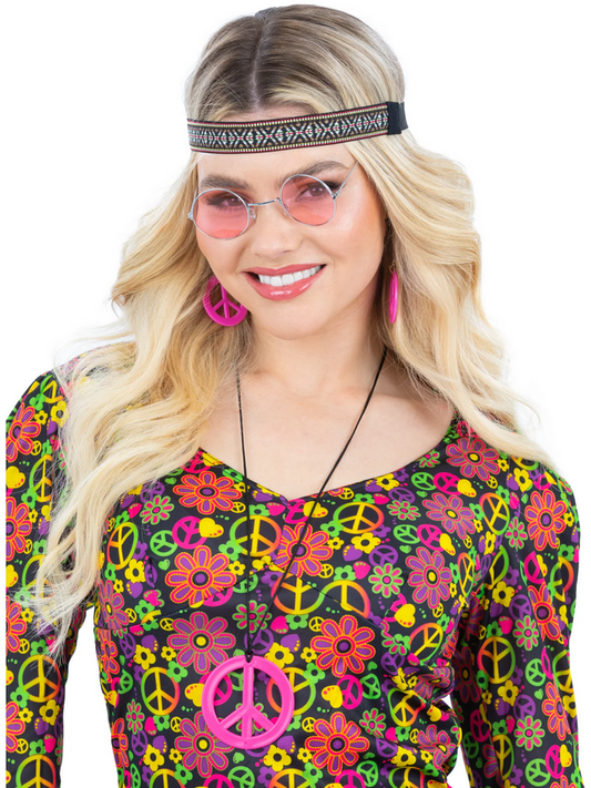 Hippie Glasses & Peace Sign Medallion 1960s 60s Fancy Dress Accessory Kit