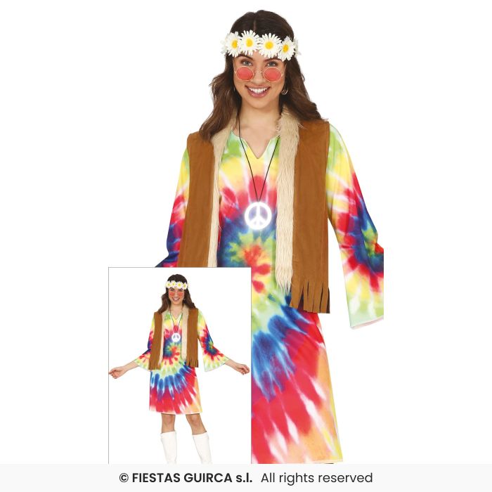 Ladies Hippie Costume 60s 70s Hippy Retro Fancy Dress Outfit Disco Tie Dye UK 8-18