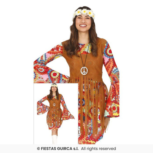 Flower Hippie Dress 70s Flower Power Hippy Retro Ladies Fancy Dress Costume UK 8-18