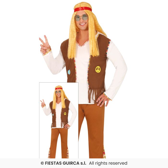 Mens Flower Hippie Costume Retro 60s 70s Hippy Adults Fancy Dress Outfit Peace M-XL