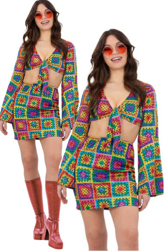 60s Hippie Costume Ladies Crochet Hippy Fancy Dress Retro Groovy 70s