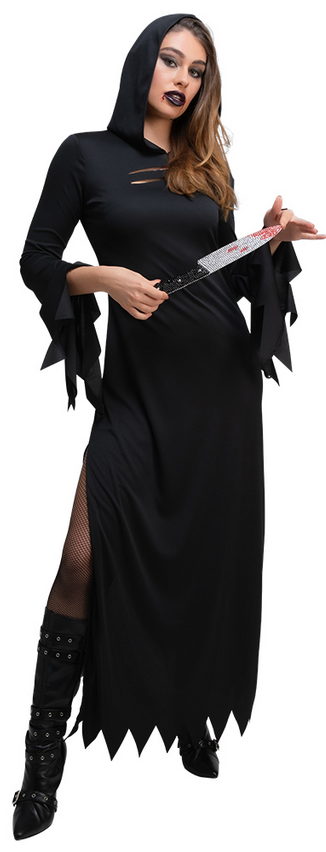 Black Hooded Gown Ladies Black Dress Morticia Halloween Fancy Dress Costume