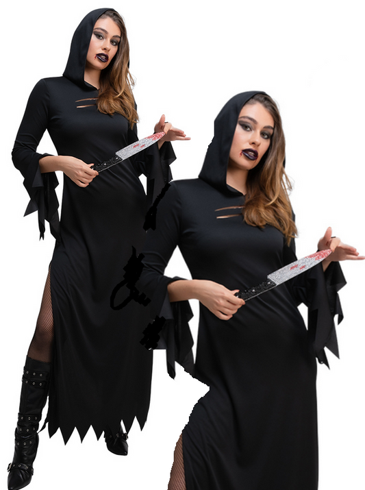 Black Hooded Gown Ladies Black Dress Morticia Halloween Fancy Dress Costume