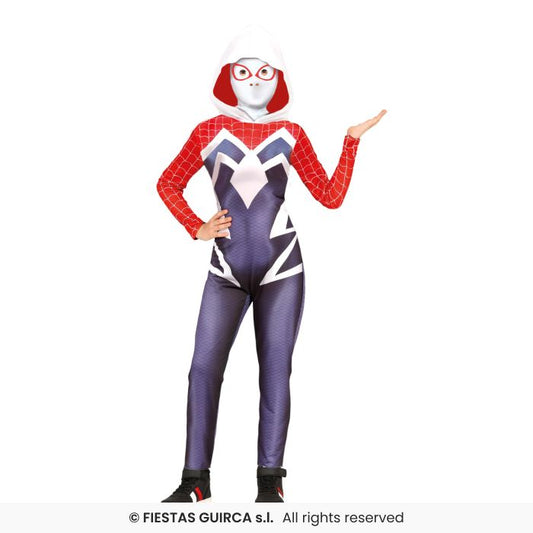 Hooded Bodysuit Spider Heroine Girls Superhero Fancy Dress Costume Age 3-12