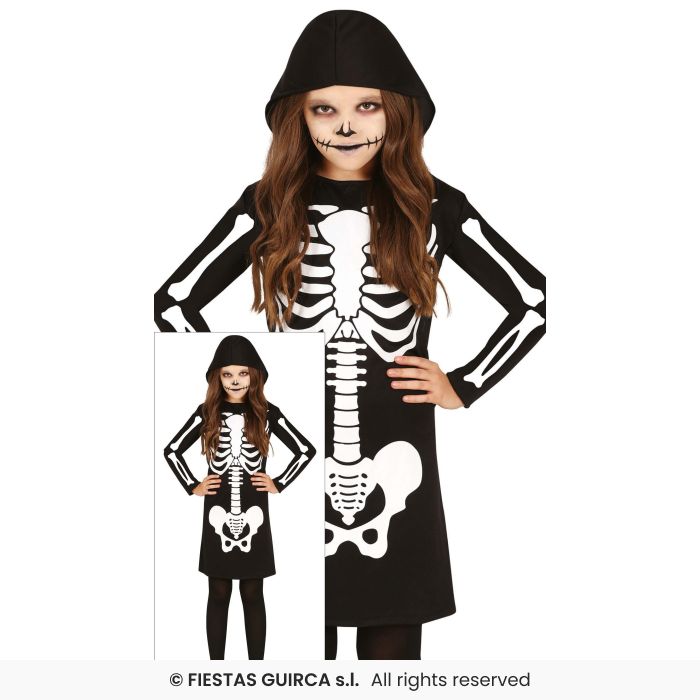 Hooded Girls Skeleton Costume Halloween Kids Outfit Fancy Dress Age 3-12