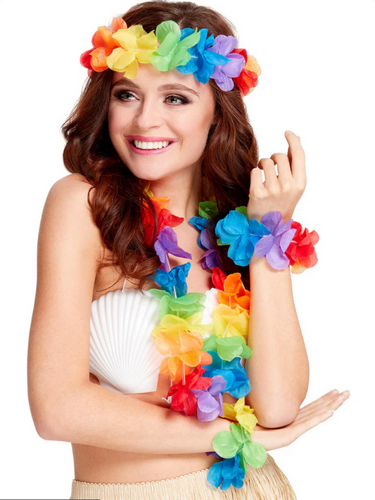 Beach Hula Girl Set Lei Flowers Necklace Headband Bracelets Hawaiian Party Fancy Dress