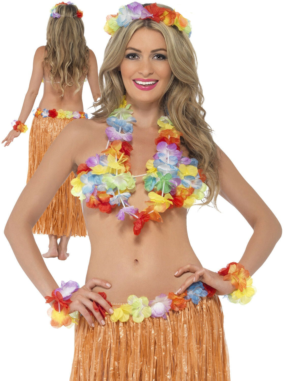 5PC Hawaiian Party Kit Lei Grass Skirt Fancy Dress Beach Party Adults Fancy Dress