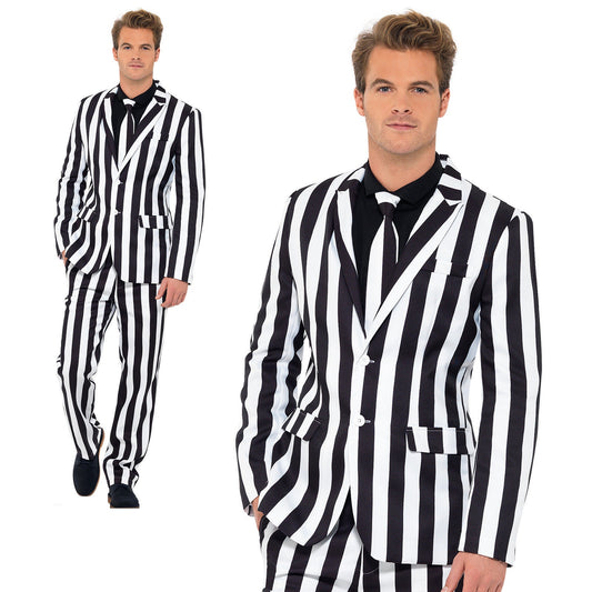 Mens Humbug Stand Out Suit White & Black Striped Halloween Fancy Dress Outfit