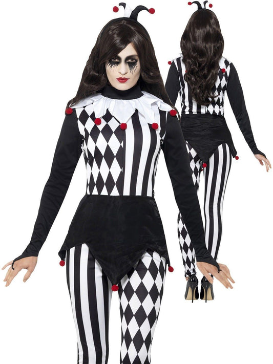 Ladies Jester Halloween Costume Adults Harlequin Clown Fancy Dress Womans S-L