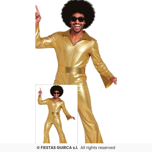 Gold Disco Jumpsuit Mens Metallic 70s Fancy Dress Retro Costume Adults M-XL