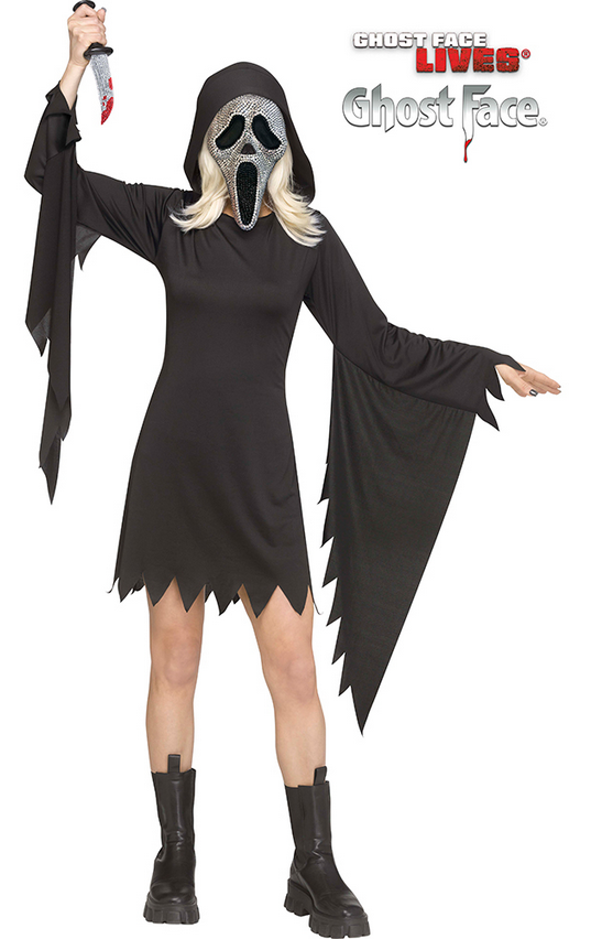 Ghost Face Bling Scream Costume Ladies Official Halloween Fancy Dress + Mask