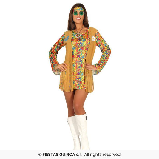 Short Flower Hippie Dress 70s Flower Power Hippy Retro Ladies Fancy Dress Costume UK 8-18