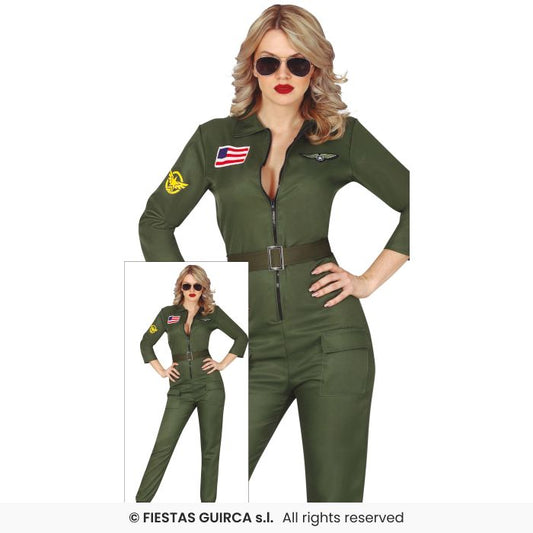 Ladies Pilot Costume Military Army Fighter Jet Khaki Jumpsuit Fancy Dress UK 8-18