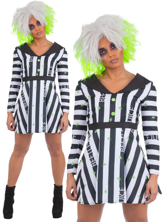 Beetlejuice Ladies Costume Official Halloween Fancy Dress Outfit UK 8-22