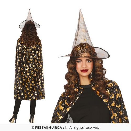 Ladies Black & Gold Hat & Cape Set Halloween Witches Fancy Dress Kit Witch