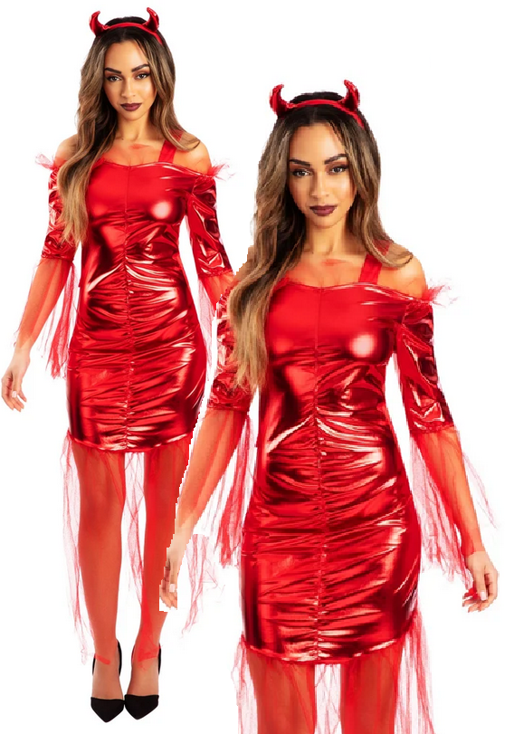 Red Devil Costume Ladies Halloween Fancy Dress Outfit Devils + Horns
